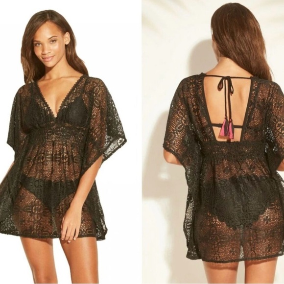 Black Lace Kimono Swim Coverup with V-Neck - Picture 2 of 10